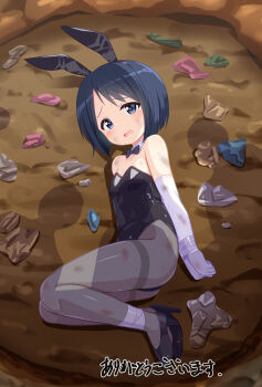 1girl animal_ears breasts commentary_request commission gloves highres leotard love_hina lying maehara_shinobu mogura2009 pantyhose playboy_bunny rabbit_ears short_hair skeb_commission small_breasts