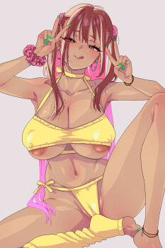 1girl anklet areola_slip armpits arms_up bikini bikini_top_lift bracelet breasts brown_hair cameltoe cleavage clothes_lift colored_inner_hair dark-skinned_female dark_skin double_v earrings fingernails gold_bikini green_nails grey_background gyaru hair_ornament highres hoop_earrings jewelry karube_guri large_breasts licking_lips lips long_fingernails long_hair multicolored_hair multiple_earrings nail_polish navel orange_eyes original partially_visible_vulva pink_hair pink_scrunchie scrunchie single_sock sitting smile socks solo spread_legs swimsuit toenail_polish toenails tongue tongue_out two_side_up v wrist_scrunchie yellow_socks