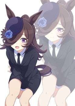 1girl animal_ears black_jacket black_necktie black_skirt blue_flower blue_rose blush brown_hair closed_mouth collared_shirt commentary_request flipped_hair flower hair_over_one_eye hat hat_flower highres hokuyukis horse_ears horse_girl horse_tail jacket long_hair looking_at_viewer necktie open_mouth purple_eyes revision rice_shower_(umamusume) rose shirt skirt smile tail tilted_headwear umamusume white_shirt zoom_layer