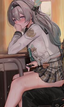 1boy 1girl absurdres black_hairband blush breasts butterfly_hair_ornament caelus_(honkai:_star_rail) classroom commission condom condom_box covering_own_mouth curtains desk efuri_(riarea00) firefly_(honkai:_star_rail) firefly_(spring_missive)_(honkai:_star_rail) from_side gradient_eyes gradient_hair grey_hair grey_sailor_collar grey_skirt hair_between_eyes hair_ornament hairband highres honkai:_star_rail honkai_(series) implied_sex indoors jacket large_breasts long_hair long_sleeves looking_at_viewer multicolored_eyes multicolored_hair plaid_clothes plaid_skirt public_indecency reverse_upright_straddle sailor_collar school_desk school_uniform serafuku sex sex_from_behind sitting sitting_on_lap sitting_on_person skeb_commission skirt stealth_sex sweat trailblazer_(honkai:_star_rail) two-tone_eyes used_condom white_jacket