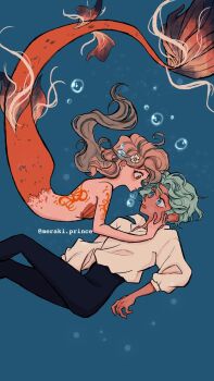 1boy 1girl air_bubble arm_tattoo artist_self-insert back_tattoo baggy_clothes bikini blush bubble collared_shirt cove_holden fins fish_tail flower from_side full_body gradient_hair green_hair hair_flower hair_ornament hand_on_another's_neck heart hetero highres long_hair looking_at_another main_character_(our_life) medium_hair meraooni mermaid monster_girl multicolored_hair orange_eyes our_life our_life:_beginnings_and_always outstretched_arm poppy_(flower) scales shell shell_bikini shirt swimsuit tail tattoo underwater very_long_hair wavy_hair white_shirt