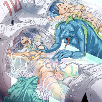 armpits bdsm between_breasts bikini blush bondage bound breasts_squeezed_together breasts machine mechanical_fixation monster side-tie_bikini_bottom swimsuit tentacles tentacles_under_clothes tickle_torture tickling tongue