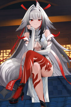 1girl absurdres animal_ear_fluff architecture bare_shoulders black_boots body_markings boots breasts closed_mouth commentary crossed_legs east_asian_architecture english_commentary gradient_hair hair_flaps hair_intakes hairband high_heel_boots high_heels highres horse_tail indoors ir_who leotard long_hair looking_at_viewer medium_breasts multicolored_hair red_eyes sitting smile solo streaked_hair tail white_hair white_hairband white_leotard ye_shunguang zenless_zone_zero