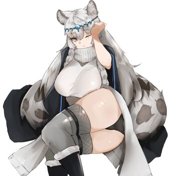 1girl animal_ears arknights ass black_boots black_cloak black_panties blush boots braid breasts circlet cloak commentary dress feet_out_of_frame fur-trimmed_boots fur_trim grey_dress grey_eyes grey_scarf grey_thighhighs hair_between_eyes highres knee_boots large_breasts long_hair looking_at_viewer lying on_side one_eye_closed panties parted_lips pelvic_curtain pramanix_(arknights) rubbing_eyes scarf side_braids silver_hair simple_background sleepy snow_leopard_ears snow_leopard_girl snow_leopard_tail solo tail tears thighhighs thighs twin_braids underwear unknownnoname0 white_background