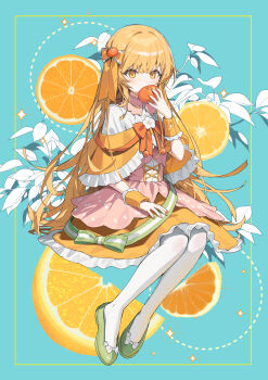 1girl aqua_background blonde_hair bow capelet check_clothing clothing_request commentary_request crossed_bangs eating fingernails food food-themed_hair_ornament frilled_capelet frilled_skirt frills fruit hair_bow hair_ornament highres holding_orange kitada_mo light_blush long_hair looking_at_viewer miniskirt off-shoulder_capelet orange_(fruit) orange_bow orange_capelet orange_hair_ornament orange_nails orange_ribbon orange_skirt orange_wrist_cuffs original pantyhose ribbon shirt short_sleeves skirt solo white_pantyhose white_shirt wrist_cuffs yellow_eyes