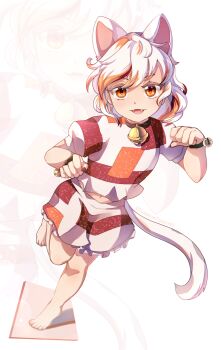 1girl :3 absurdres animal_ears artist_name barefoot bell bracelet brown_shirt brown_shorts calico_(pattern) cat_ears cat_girl cat_tail commentary_request dungeon_toaster dutch_angle fangs frilled_shorts frills from_above full_body goutokuji_mike highres jewelry jingle_bell midriff multicolored_hair multicolored_shirt multicolored_shorts multicolored_tail navel neck_bell orange_eyes patch patchwork_clothes paw_pose puffy_short_sleeves puffy_sleeves shirt short_hair short_sleeves shorts simple_background solo standing standing_on_one_leg streaked_hair tail toes touhou white_background zoom_layer