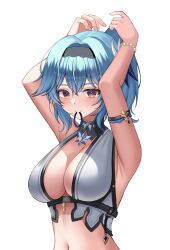 Rule 34 | 1girl, absurdres, adapted costume, alternate hairstyle, armband, armpit crease, armpits, arms up, bikini, black hairband, blue hair, blush, bracelet, breasts, brown eyes, closed mouth, eula (genshin impact), genshin impact, hair between eyes, hair ornament, hair tie in mouth, hairband, hands up, highres, jewelry, korean commentary, large breasts, looking at viewer, medium hair, mouth hold, navel, pearl bracelet, seemu (wnslqjdignv ), sidelocks, simple background, smile, solo, stomach, swimsuit, upper body, white background, white bikini