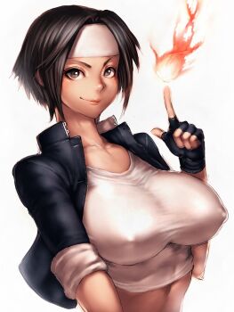 1girl black_hair breasts brown_eyes cosplayer_kyouko covered_erect_nipples female_focus fingerless_gloves fire fumio_(rsqkr) genderswap genderswap_(mtf) gloves headband huge_breasts impossible_clothes impossible_shirt jacket kusanagi_kyou leather leather_jacket looking_at_viewer pyrokinesis shirt short_hair simple_background skin_tight smile snk solo tank_top taut_clothes taut_shirt the_king_of_fighters white_background