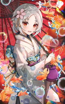 1girl absurdres antenna_hair bag blue_sash blush bubble blowing_bubbles bubble_wand chinese_commentary commentary_request cowboy_shot elf fish floral_print flower goldfish grey_hair hair_flower hair_ornament highres holding holding_umbrella humany japanese_clothes kimono long_sleeves looking_at_viewer mushoku_tensei oil-paper_umbrella open_mouth parted_bangs pink_flower pointy_ears print_kimono print_sash red_eyes sash short_hair signature soap_bubbles sylphiette_(mushoku_tensei) umbrella water white_kimono wide_sleeves yukata