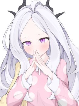 1girl ahoge blue_archive blush breasts commentary_request demon_girl demon_horns highres hina_(blue_archive) hina_(pajamas)_(blue_archive) horns jacket long_hair looking_at_viewer nanairo_(nanana_color) pajamas pink_pajamas polka_dot polka_dot_pajamas purple_eyes simple_background small_breasts solo upper_body very_long_hair white_background white_hair yellow_jacket