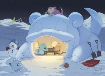 alolan_form alolan_vulpix candlelight full_body gen_1_pokemon gen_2_pokemon gen_3_pokemon gen_7_pokemon hotpot igloo looking_afar looking_at_another lying night night_sky nintendo no_humans outdoors pokemon pokemon_(creature) psyduck quagsire shovel signature sitting sky slowpoke snorunt snow snow_shelter snowman swinub table tatami tatsumi_(panneko) twitter_username winter