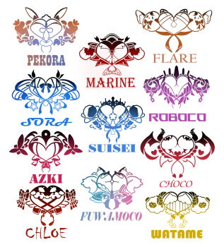 Rule 34 | animal ear fluff, animal ears, arrow (symbol), azki (hololive), character name, commentary, demon horns, demon tail, demon wings, dog ears, english commentary, fuwawa abyssgard, highres, hololive, hololive english, horns, hoshimachi suisei, houshou marine, mococo abyssgard, pubic tattoo, rlus, roboco-san, sakamata chloe, shiranui flare, star (symbol), tail, tattoo, tokino sora, tsunomaki watame, usada pekora, virtual youtuber, white background, wings, yuzuki choco