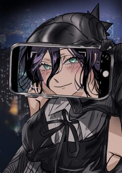 1girl alternate_form apron black_apron black_ribbon bomb bomb_devil_(chainsaw_man) busuttt chainsaw_man commentary elbow_gloves explosive gloves highres neck_ribbon no_undershirt object_head reze_(chainsaw_man) ribbon shirt sleeveless sleeveless_shirt symbol-only_commentary transformation