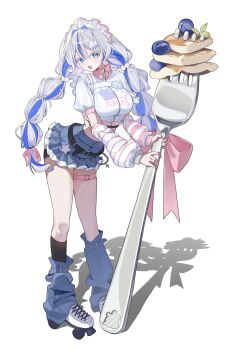 1girl :d aokumo_rin arm_warmers blue_eyes blue_skirt blue_streaks blueberry breasts cloud_hair_ornament commentary crop_top cropped_jacket denim denim_skirt double-parted_bangs english_text food fork frilled_skirt frills fruit full_body grey_hair hair_between_eyes hair_intakes highres jacket leaning_forward long_bangs looking_at_viewer miniskirt multicolored_hair open_mouth oversized_object pancake print_jacket roller_skates shadow simple_background skates skirt smile solo star_(symbol) star_print stellive streaked_hair symbol-only_commentary thigh_strap virtual_youtuber white_background white_headdress white_jacket yongeung2