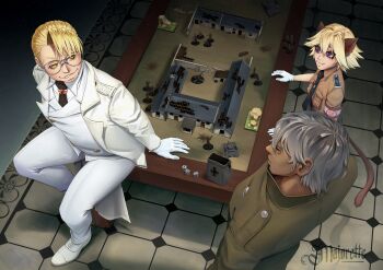 Rule 34 | 3boys, absurdres, animal ears, artist name, bag, blonde hair, captain (hellsing), cat boy, cat ears, cat tail, coat, dice, glasses, gloves, green shirt, grey hair, hellsing, highres, hitler youth, major (hellsing), majorette (artist), male focus, military vehicle, miniature, motor vehicle, multiple boys, nazi, necktie, pants, playing games, playing tabletop wargame, red eyes, schroedinger (hellsing), shirt, short hair, smile, tabletop game, tail, tank, white coat, white gloves, white pants, white shirt, world war ii