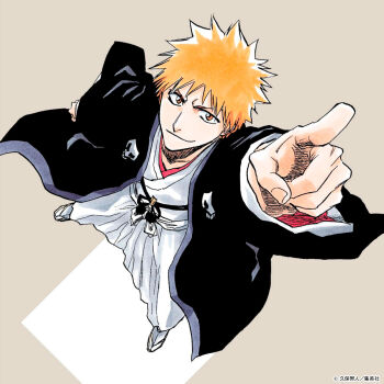 1boy bleach brown_eyes closed_mouth collarbone full_body happy_new_year highres japanese_clothes japanese_commentary kimono kubo_tite kurosaki_ichigo looking_at_viewer male_focus new_year official_art orange_hair pointing pointing_up shihakusho short_hair smile solo solo_focus spiked_hair standing