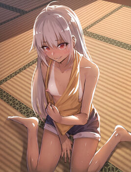 1girl absurdres ahoge bare_arms bare_legs bare_shoulders barefoot bikini_tan blush breasts clothes_pull collarbone covered_erect_nipples female_focus flashing highres ibuki_notsu indoors long_hair looking_at_viewer nipples no_bra oppai_challenge original pulling_own_clothes red_eyes revision short_shorts shorts sitting small_breasts smile solo sweat tan tank_top tanline tatami wariza white_hair