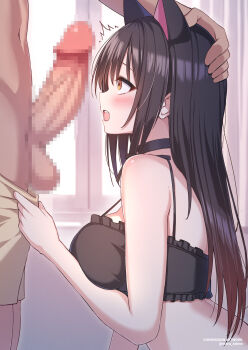 1boy 1girl ^^^ animal_ear_hairband animal_ears black_bra black_choker black_hair blush bra breasts brown_eyes cat_ear_hairband cat_ears cat_lingerie censored choker clothes_pull commentary english_commentary erection fake_animal_ears frilled_bra frills from_side grey_shorts hairband hand_on_another&#039;s_head hetero highres indoors kotegawa_yui large_breasts large_penis looking_at_penis maru.selinn mosaic_censoring navel open_mouth penis penis_awe profile pulling_another&#039;s_clothes sanpaku shorts shorts_pull solo_focus testicles to_love-ru underwear window
