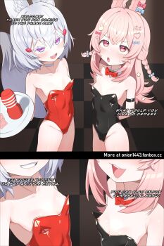 2girls 2koma :3 :o ahoge alternate_costume animal_ears arm_strap armpits arms_behind_back artificial_vagina bare_arms bare_legs bare_shoulders black_leotard blush bow bowtie braid braided_twintails breast_focus breasts checkered_floor choker choppy_bangs close-up comic commentary condom condom_wrapper covered_navel cowboy_shot crossed_bangs detached_collar dot_nose double-parted_bangs english_commentary english_text fanbox_username fangs fox_ears fox_girl fox_tail furrowed_brow grin groin hair_between_eyes hair_bow hair_ornament heart heart_hair_ornament highleg highleg_leotard highres holding holding_tray indoors latex latex_leotard leotard loli long_hair looking_at_viewer multiple_condoms multiple_girls multiple_hair_bows nipples onion_(tamanegi) open_mouth oversized_breast_cup paid_reward_available phase_connect pink_eyes pink_hair pipkin_pippa playboy_bunny purple_eyes rabbit_ears rabbit_girl red_bow red_bowtie red_leotard sex_toy shiny_skin short_hair short_twintails side-by-side small_breasts smile smug star_(symbol) star_hair_ornament strapless strapless_leotard sweatdrop tail teeth tenga tenma_maemi thick_eyebrows tray twintails upper_teeth_only upturned_eyes very_long_hair virtual_youtuber white_choker yume_kawaii
