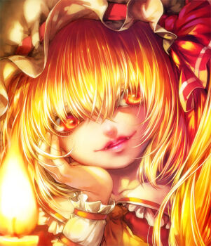 Rule 34 | 1girl, blonde hair, bow, candle, collared shirt, commentary request, fangs, fire, flandre scarlet, frilled shirt collar, frills, hair between eyes, hand on own cheek, hand on own face, hat, hat bow, lips, long hair, looking at viewer, misaki (kyal 001), mob cap, open mouth, orange eyes, realistic, red bow, shirt, smile, solo, touhou, upper body, white hat, white shirt, wrist cuffs