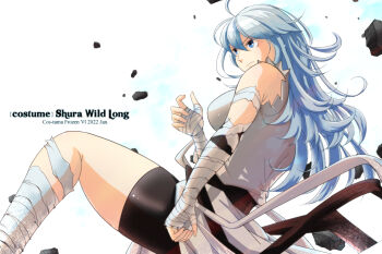 Rule 34 | 1girl, arm wrap, bike shorts, black shorts, blue eyes, blue hair, breasts, closed mouth, commentary request, feet out of frame, fighting stance, foot wraps, grey shirt, hair between eyes, highres, looking afar, medium breasts, official alternate costume, ragnarok online, rock, saishichi, shirt, shorts, sleeveless, sleeveless shirt, solo, standing, standing on one leg, sura (ragnarok online), white background