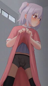 1boy adversarial_noise babydoll bare_arms black_male_underwear black_thighhighs blue_babydoll blush boxers bulge clothes_lift commentary crossdressing crossdressing_(mtf) dress dress_lift ear_blush embarrassed gluteal_fold grey_hair hair_between_eyes hair_bobbles hair_ornament happyundergate highres indoors lifting_own_clothes looking_to_the_side male_focus male_underwear medium_hair one_side_up onii-chan_wa_oshimai! pink_dress red_eyes senkawa_minato short_sleeves solo sweat thighhighs trap underwear wavy_mouth