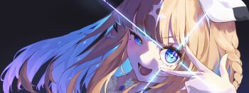 Rule 34 | 1girl, almond eye (umamusume), blue eyes, blue hair, braid, brown hair, colored inner hair, glowing, glowing eye, hairband, half-closed eye, highres, long hair, looking at viewer, multicolored hair, open mouth, single braid, solo, tsukuda155, two-tone hair, umamusume, w, w over eye, white hairband