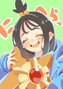 1girl :d absurdres black_hair blue_hoodie blush closed_eyes commentary_request cube_hair_ornament earclip eyelashes gen_1_pokemon green_background hair_ornament hand_up happy highres holding holding_pokemon hood hood_down hoodie jaromaro_(avyj8778) lida_(pokemon) long_hair long_sleeves nintendo open_mouth pokemon pokemon_(creature) pokemon_legends:_z-a smile staryu teeth tongue topknot upper_teeth_only