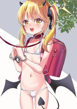 1girl :d absurdres backpack bag bdsm belt_collar bikini black_horns black_ribbon black_tail black_wings blonde_hair blue_archive blush bondage bound bound_wrists cameltoe collar cowboy_shot crime_prevention_buzzer cuffs demon_horns demon_tail demon_wings hair_ribbon halo handcuffs highres hitoha_koduku horns ibuki_(blue_archive) leash loli long_hair looking_at_viewer low_wings micro_bikini navel open_mouth randoseru red_bag red_collar ribbon shade side_ponytail slave smile solo stomach string_bikini swimsuit tail teeth upper_teeth_only white_bikini wings yellow_eyes yellow_halo