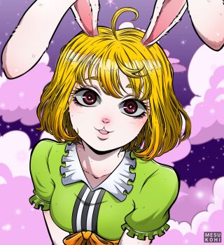 1girl animal_ears blonde_hair bob_cut carrot_(one_piece) cloud commentary dress eyelashes green_dress hashtag-only_commentary highres looking_at_viewer mesukohi one_piece rabbit_ears rabbit_girl smile solo sparkle symbol-only_commentary upper_body watermark