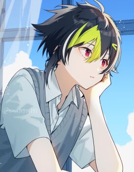 1boy ahoge black_hair blue_sky collared_shirt commentary_request curtains green_hair grey_vest head_rest highres inami_rai looking_to_the_side male_focus multicolored_hair nana72710193 nijisanji red_eyes shirt short_hair short_sleeves sky solo streaked_hair sweater_vest twitter_username vest virtual_youtuber white_shirt window