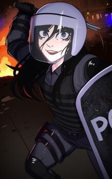 1girl absurdres black_hair character_request commentary dutch_angle english_commentary face_shield fire helmet highres holding_baton_(weapon) incoming_attack long_hair looking_at_viewer open_mouth original outdoors riot_helmet riot_police riot_shield shield smile solo teeth upper_teeth_only veyonis
