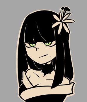 Rule 34 | 1girl, bare shoulders, black choker, black hair, blunt bangs, breasts, choker, cleavage, commission, final fantasy, final fantasy xiv, flower, green eyes, grey background, hair flower, hair ornament, hime cut, japanese clothes, kimono, long hair, mole, mole under mouth, nemlei (style), self-upload, smuggestsage, solo, solo focus, straight hair, the coffin of andy and leyley, yotsuyu goe brutus