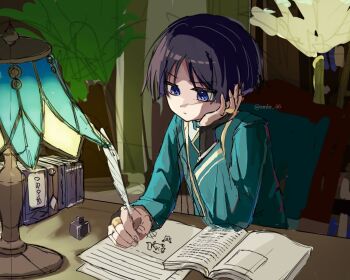 Rule 34 | 1boy, akademiya uniform, alternate costume, amhr 46, black hair, blunt ends, book, book stack, chair, choppy bangs, closed mouth, colored inner hair, commentary request, desk lamp, drawing (action), elbow rest, eyeliner, fingernails, genshin impact, gold ring, gold trim, green robe, green sleeves, hand on own face, highres, holding, holding quill, lamp, library, light frown, long sleeves, makeup, male focus, middle ring, multicolored hair, nahida (genshin impact), neo akasha terminal, oil well, open book, paper, purple eyes, purple hair, purple pupils, quill, red eyeliner, robe, scaramouche (genshin impact), sitting, sketch, solo, tsurime, twitter username