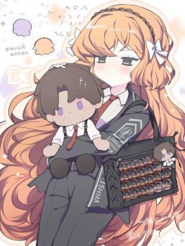 Rule 34 | 1girl, bag, bag charm, belt, black bag, black pants, black vest, blush, bow, character doll, charm (object), chinese commentary, closed mouth, collared shirt, commentary request, doll, emoticon, freckles, green eyes, hair bow, headband, heathcliff (project moon), highres, holding, holding doll, ishmael (project moon), kaomoji, limbus company, long hair, miwu 108, necktie, orange hair, pants, project moon, red necktie, shirt, shoulder bag, smile, translation request, very long hair, vest, wavy hair, white bow, white shirt