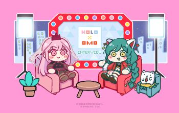 6+girls :&gt; :3 animal_ears animated animated_gif blonde_hair blue_eyes blush braid cat_ears chair chibi closed_mouth fang gawr_gura green_hair hololive hololive_english holomyth interview long_hair looking_at_another mori_calliope multiple_girls ninomae_ina&#039;nis omocat omocat_(character) open_mouth orange_eyes orange_hair pink_eyes pink_hair short_hair sitting smile takanashi_kiara twin_braids virtual_youtuber watson_amelia yellow_eyes