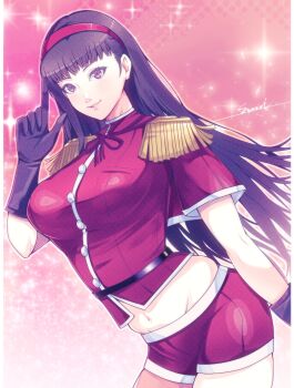 1girl amagi_yukiko black_gloves black_hair blunt_bangs breasts buttons closed_mouth commentary_request corner50777313 cowboy_shot epaulettes gloves gradient_background hairband highres large_breasts long_hair looking_at_viewer midriff_peek navel neck_ribbon persona persona_4 pink_background red_hairband red_shirt red_shorts ribbon shirt short_sleeves shorts single_sidelock solo sparkle sparkle_background