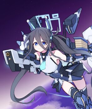 1girl absurdres aris_(armed)_(blue_archive) aris_(blue_archive) bare_shoulders black_hair black_skirt black_thighhighs blue_archive blue_eyes blue_necktie caffeinesonsari commentary english_commentary gloves hair_between_eyes halo highres long_hair mecha_musume mechanical_wings necktie official_alternate_costume railgun skirt solo thighhighs twintails very_long_hair wings