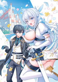 1boy 1girl ahoge ass belt black_belt black_hair black_jacket black_necktie black_pants blue_eyes blue_hair blue_ribbon blue_shirt blue_skirt blue_sky boots breasts butt_crack buttons castle closed_mouth cloud collared_shirt commentary_request dress elbow_gloves falling_flower falling_petals flower fur-trimmed_jacket fur_trim gloves gyozanuko hair_ribbon hands_in_pockets highres jacket jacket_on_shoulders large_breasts long_hair necktie open_mouth original pants petals pleated_skirt puffy_short_sleeves puffy_sleeves ribbon sheath sheathed shirt short_sleeves sideboob skirt sky standing standing_on_one_leg sword thigh_boots water weapon white_boots white_dress white_gloves white_jacket