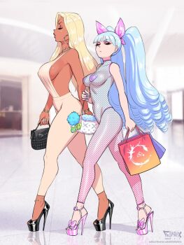 2girls anklet artist_name backless_shirt bag blonde_hair blue_hair blunt_bangs blurry blurry_background bodystocking bow bracelet breasts brittany_(fellatrix) earrings eyelashes eyeshadow fellatrix fingernails fishnet_bodystocking fishnets from_side full_body hair_bow half-closed_eyes handbag heart_pasties high_heels hoop_earrings indoors jewelry large_breasts leggings long_fingernails long_hair long_twintails makeup medium_breasts multiple_girls narrowed_eyes original pasties pink_bow ringlets serious shirt_tucked_in shopping_bag sideboob sideless_outfit sideless_shirt sleeveless standing stiletto_heels straight_hair thong twintails valentina_(fellatrix) walking