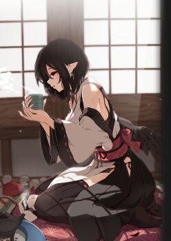 1girl bird_wings black_thighhighs blowing brown_hair brown_wings clothing_cutout commentary_request cup detached_sleeves hat highres hip_vent holding holding_cup indoors japanese_clothes kagami_toufu kimono kourindou_tengu_costume no_headwear obi official_alternate_costume open_mouth pelvic_curtain pointy_ears pom_pom_(clothes) red_eyes red_hat red_sash ribbon-trimmed_thighhighs ribbon_trim sash shameimaru_aya side_slit sitting solo steam tatami thighhighs tokin_hat touhou unworn_hat unworn_headwear white_kimono wings yunomi