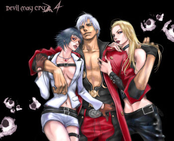 1boy 2girls artist_request belt black_belt black_choker black_hair blonde_hair blue_eyes breasts brown_hair choker closed_mouth coat commentary_request dante_(devil_may_cry) devil_may_cry devil_may_cry_(series) devil_may_cry_4 fingerless_gloves gloves illexiss korean_commentary lady_(devil_may_cry) lipstick makeup medium_breasts midriff multiple_girls navel parted_lips pectoral_cleavage pectorals plunging_neckline red_coat red_lips short_hair short_shorts shorts single_fingerless_glove strapless swimsuit thigh_strap trish_(devil_may_cry) tube_top white_hair white_shorts
