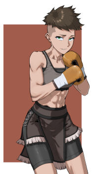 abs boxing_gloves breasts brown_hair collarbone commentary_request cowboy_shot eyelashes green_eyes grey_shorts grey_sports_bra muscular muscular_female navel original rggr short_hair shorts simple_background smile sports_bra undercut very_short_hair