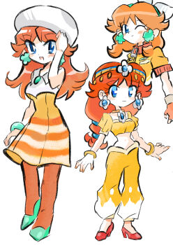 1girl absurdres arabian_clothes blue_eyes brown_hair dress earrings fingerless_gloves flower_earrings gloves hair_ornament harem_pants hat highres jacket jewelry long_hair mario_(series) mario_kart mario_kart_world multiple_views nintendo open_mouth orange_dress orange_gloves orange_jacket pants princess_daisy princess_daisy_(oasis) princess_daisy_(touring) princess_daisy_(vacation) rakugaki_shitagari-ya simple_background smile white_background white_hat