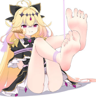 1girl :t antenna_hair arms_behind_back bare_legs barefoot bdsm bilingual_commentary black_bow black_bowtie black_capelet black_dress blonde_hair blush bondage bound bound_feet bow bowtie brooch capelet chinese_commentary commentary_request crossed_bangs cure_arcana_shadow diamond_hairband dress feet feet_up food food_on_face foot_focus forehead_jewel frilled_capelet frills furrowed_brow gem gold_trim gradient_hair hair_between_eyes hair_bow hair_intakes hairband heart heart_brooch highres ice_cream ice_cream_cone ice_cream_on_face jewelry long_hair looking_at_viewer magical_girl medium_dress meitantei_precure! mixed-language_commentary mo_moon moria_luluka multicolored_hair panties pantyshot parted_lips partial_commentary pink_eyes pink_hair precure purple_gem purple_veil restrained shaded_face shadow simple_background sitting sleeveless sleeveless_dress soles solo split_mouth spread_toes toes two-tone_hair underwear veil very_long_hair white_background white_panties