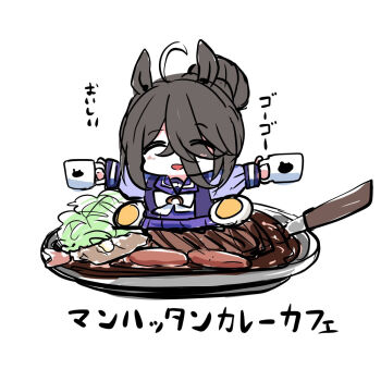 1girl :d ^_^ ahoge animal_ears blush bow closed_eyes cup eyes_visible_through_hair facing_viewer food food_request hair_bun hair_over_one_eye highres holding holding_cup horse_ears in_food kawamochi_(kawauti919) long_sleeves manhattan_cafe_(umamusume) mug multicolored_hair open_mouth pleated_skirt puffy_long_sleeves puffy_sleeves purple_shirt purple_skirt school_uniform shirt simple_background skirt smile solo tracen_school_uniform translation_request two-tone_hair umamusume white_background white_bow white_hair
