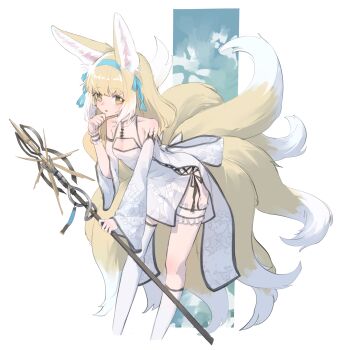 1girl alternate_costume animal_ear_fluff animal_ears arknights asymmetrical_legwear back_bow bare_shoulders black_ribbon blonde_hair blue_hairband blue_ribbon bow breasts cleavage_cutout clenched_hand clothing_cutout coattails colored_tips commentary_request cropped_legs cross-laced_slit dress expressionless fox_ears fox_girl fox_tail frilled_thigh_strap frilled_wrist_cuffs frills hair_down hair_ribbon hairband hand_up highres holding holding_staff kitsune kneehighs kyuubi large_ears leaning_forward left-handed light_blush long_sleeves material_growth medium_hair multicolored_hair multiple_tails oripathy_lesion_(arknights) parted_lips partial_commentary petite print_dress ribbon sasa_fune short_dress side-tie_dress sidelocks simple_background single_sock single_thighhigh sleeveless sleeveless_dress small_breasts socks solo staff standing streaked_hair suzuran_(arknights) tail thigh_strap thighhighs two-tone_hair uneven_legwear white_background white_bow white_dress white_sleeves white_socks white_streaks white_thighhighs white_wrist_cuffs wide_sleeves wrist_cuffs yellow_eyes yellow_tail