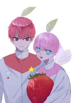 Rule 34 | 2boys, :d, absurdres, backlighting, blue eyes, bowl cut, closed mouth, commentary request, double-parted bangs, expressionless, eyeliner, food, fruit, grey eyes, height difference, highres, insect wings, jacket, kamori ema, leaf, leaf on head, light blush, long sleeves, looking at viewer, makeup, male focus, mini wings, multicolored jacket, multiple boys, nintendo, open mouth, oversized food, oversized object, personification, pikmin (series), pink hair, popped collar, red eyeliner, red hair, red pikmin, short hair, simple background, smile, star (symbol), strawberry, two-tone jacket, upper body, very short hair, white background, white jacket, white wings, winged pikmin, wings, zipper