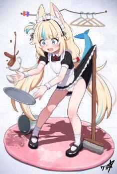 1girl absurdres animal_ear_fluff animal_ears apron black_dress black_shoes blonde_hair blue_eyes blue_hair blush boppin broom bucket cameltoe cat_ears clothes_lift commission constricted_pupils cup dress dress_lift fang fins fish_girl fish_tail flat_chest frilled_dress frills full_body highres indie_virtual_youtuber loli long_hair low_twintails maid maid_apron maid_headdress mary_janes multicolored_hair neck_ribbon nipples one_side_up open_mouth paid_reward_available panties puffy_short_sleeves puffy_sleeves red_ribbon ribbon sameko_saba shoes short_dress short_sleeves signature socks solo spill spilling standing streaked_hair tail teacup tray twintails two-tone_hair underwear variant_set white_apron white_panties white_socks