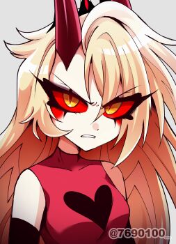 1girl angry arms_at_sides bare_shoulders black_gloves black_tiara blonde_hair breasts charlie_morningstar circle_facial_mark clenched_teeth colored_sclera commentary_request covered_collarbone demon_girl demon_horns dress elbow_gloves eyelashes gloves grey_background hair_between_eyes hair_over_one_eye hazbin_hotel heart hellaverse highres horns long_hair looking_at_viewer menattou official_alternate_costume official_alternate_eye_color official_alternate_hairstyle red_horns red_sclera red_shirt scar_across_eyes shirt simple_background sleeveless sleeveless_dress sleeveless_turtleneck slit_pupils small_breasts solo teeth tiara tsurime turtleneck turtleneck_shirt upper_body v-shaped_eyebrows very_long_hair yellow_eyes